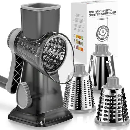 Cheese Grater Hand Crank Rotating Cheese Shredder Stainless Steel Vegetable Slicer Grater for Kitchen 3 Blades for Cheese, Carrot, Cucumber, Nuts, Chocolate, Dark Grey
