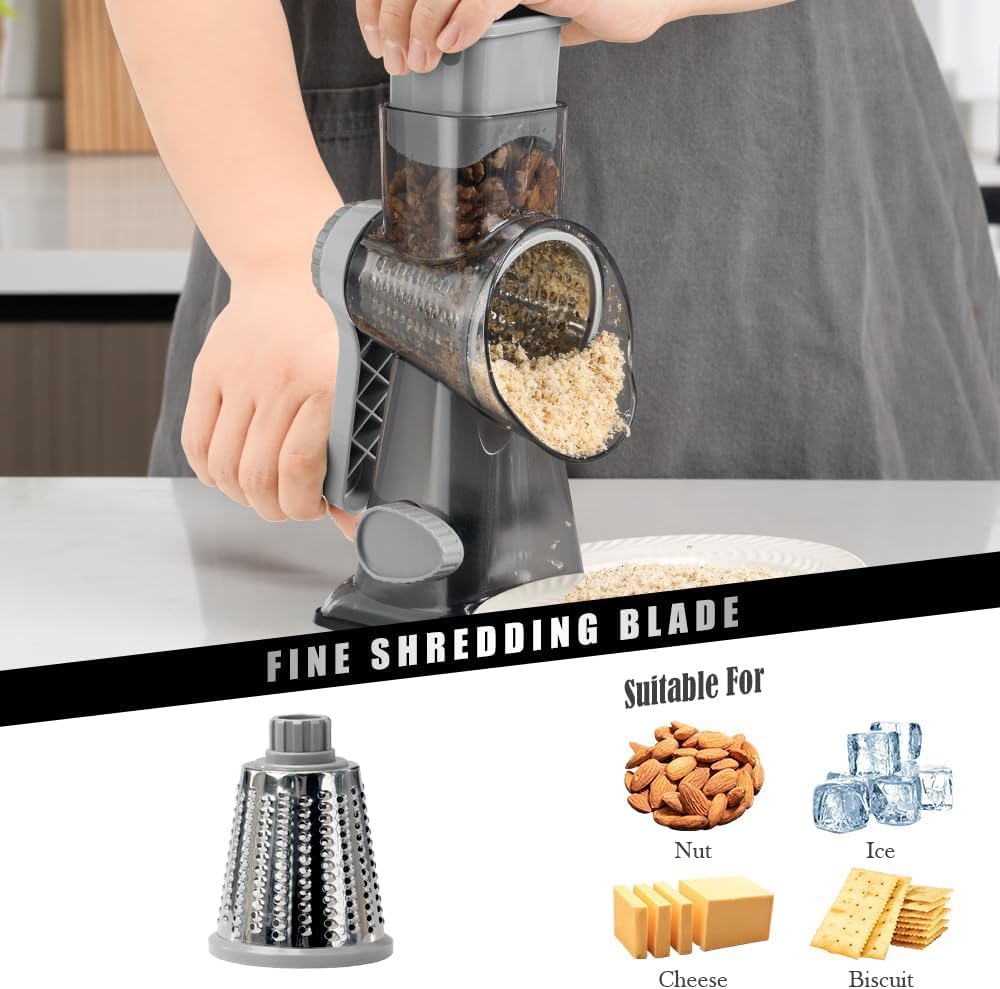 Cheese Grater Hand Crank Rotating Cheese Shredder Stainless Steel Vegetable Slicer Grater for Kitchen 3 Blades for Cheese, Carrot, Cucumber, Nuts, Chocolate, Dark Grey