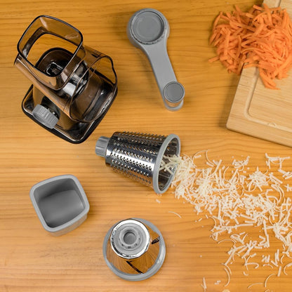 Cheese Grater Hand Crank Rotating Cheese Shredder Stainless Steel Vegetable Slicer Grater for Kitchen 3 Blades for Cheese, Carrot, Cucumber, Nuts, Chocolate, Dark Grey