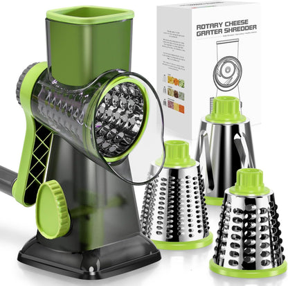 Cheese Grater Hand Crank Rotating Cheese Shredder Stainless Steel Vegetable Slicer Grater for Kitchen 3 Blades for Cheese, Carrot, Cucumber, Nuts, Chocolate, Dark Grey