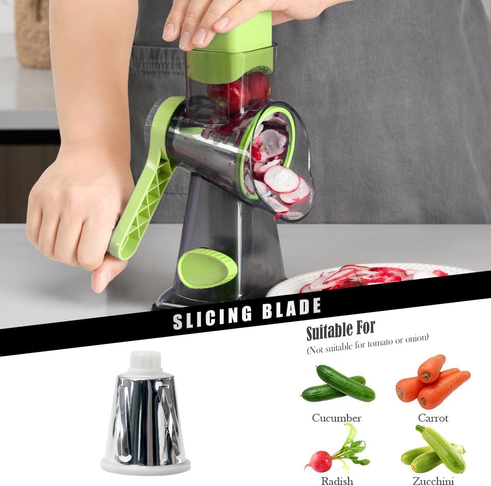 Cheese Grater Hand Crank Rotating Cheese Shredder Stainless Steel Vegetable Slicer Grater for Kitchen 3 Blades for Cheese, Carrot, Cucumber, Nuts, Chocolate, Dark Grey