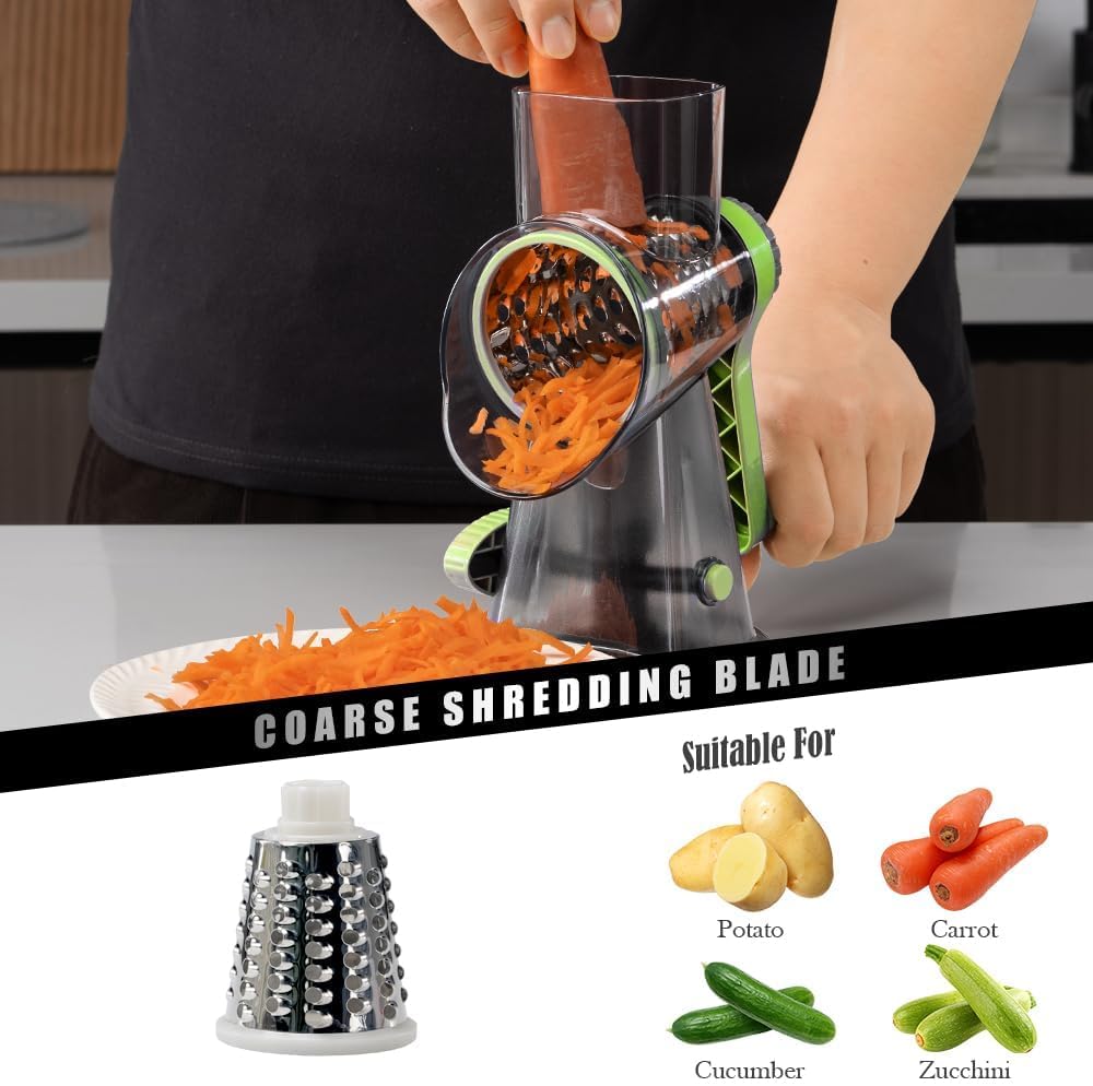 Cheese Grater Hand Crank Rotating Cheese Shredder Stainless Steel Vegetable Slicer Grater for Kitchen 3 Blades for Cheese, Carrot, Cucumber, Nuts, Chocolate, Dark Grey