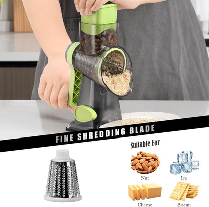 Cheese Grater Hand Crank Rotating Cheese Shredder Stainless Steel Vegetable Slicer Grater for Kitchen 3 Blades for Cheese, Carrot, Cucumber, Nuts, Chocolate, Dark Grey