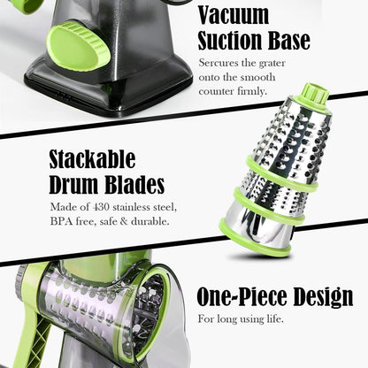 Cheese Grater Hand Crank Rotating Cheese Shredder Stainless Steel Vegetable Slicer Grater for Kitchen 3 Blades for Cheese, Carrot, Cucumber, Nuts, Chocolate, Dark Grey