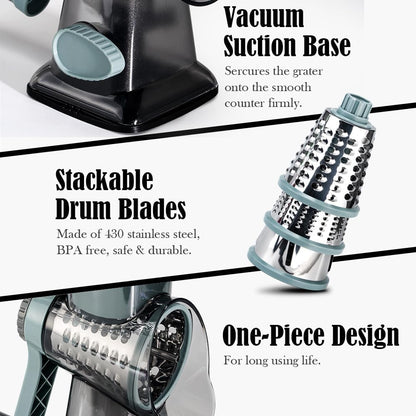 Cheese Grater Hand Crank Rotating Cheese Shredder Stainless Steel Vegetable Slicer Grater for Kitchen 3 Blades for Cheese, Carrot, Cucumber, Nuts, Chocolate, Dark Grey