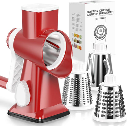 Cheese Grater Hand Crank Rotating Cheese Shredder Stainless Steel Vegetable Slicer Grater for Kitchen 3 Blades for Cheese, Carrot, Cucumber, Nuts, Chocolate, Dark Grey