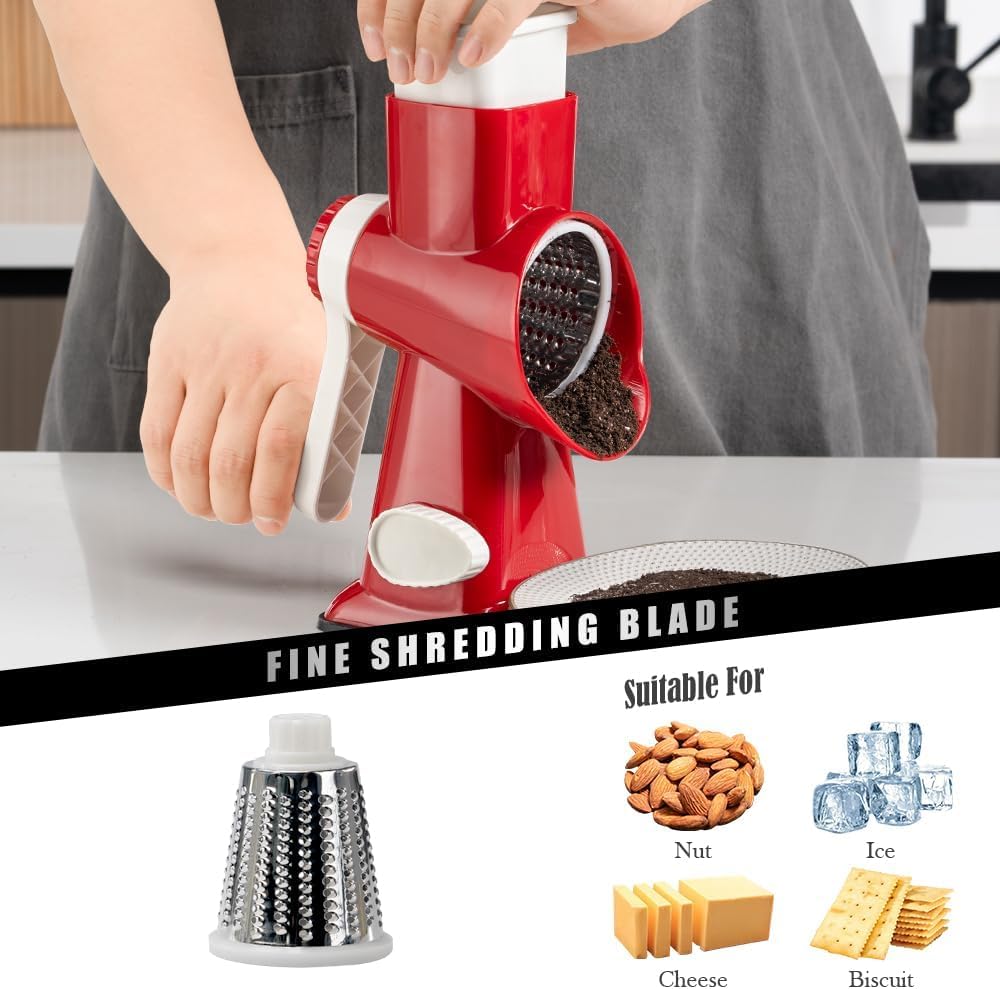 Cheese Grater Hand Crank Rotating Cheese Shredder Stainless Steel Vegetable Slicer Grater for Kitchen 3 Blades for Cheese, Carrot, Cucumber, Nuts, Chocolate, Dark Grey