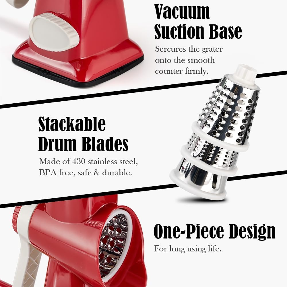 Cheese Grater Hand Crank Rotating Cheese Shredder Stainless Steel Vegetable Slicer Grater for Kitchen 3 Blades for Cheese, Carrot, Cucumber, Nuts, Chocolate, Dark Grey
