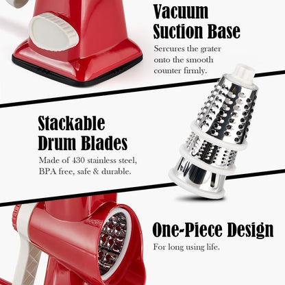 Cheese Grater Hand Crank Rotating Cheese Shredder Stainless Steel Vegetable Slicer Grater for Kitchen 3 Blades for Cheese, Carrot, Cucumber, Nuts, Chocolate, Dark Grey