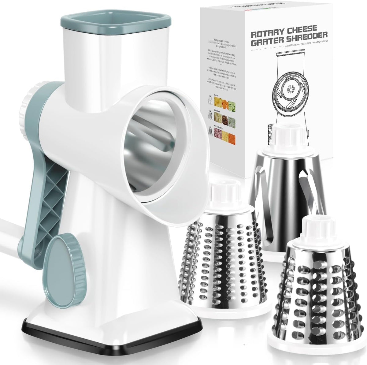 Cheese Grater Hand Crank Rotating Cheese Shredder Stainless Steel Vegetable Slicer Grater for Kitchen 3 Blades for Cheese, Carrot, Cucumber, Nuts, Chocolate, Dark Grey