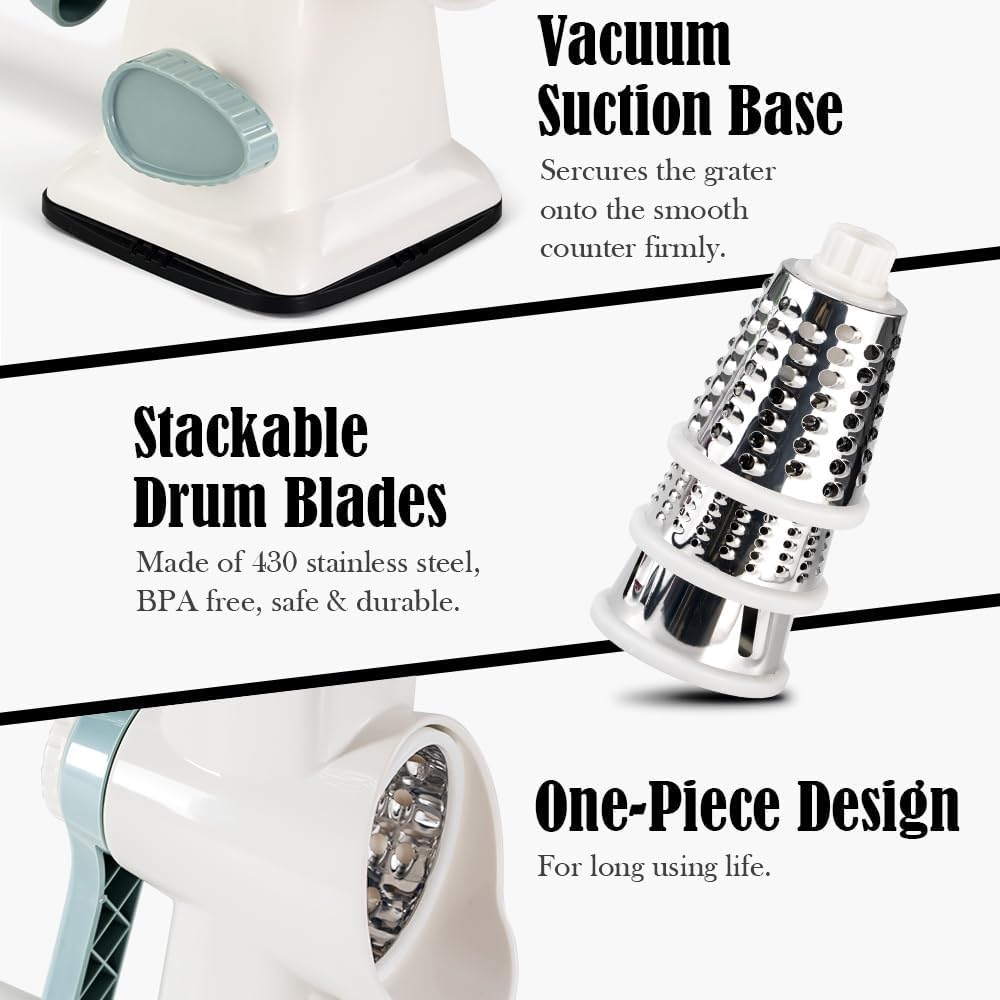 Cheese Grater Hand Crank Rotating Cheese Shredder Stainless Steel Vegetable Slicer Grater for Kitchen 3 Blades for Cheese, Carrot, Cucumber, Nuts, Chocolate, Dark Grey