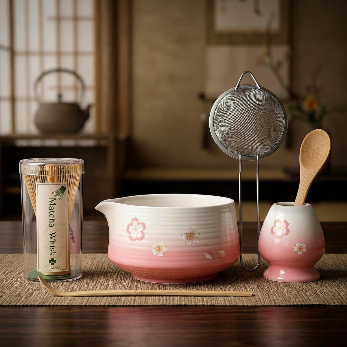 Matcha Whisk Set, 6 pcs Ceramic Matcha Set Kit Includes Bowl & Holder, Bamboo Whisk (Chasen), Sifter, Scoop & Spoon For Ceremony, Mother’s Day Gift for Women, Sakura