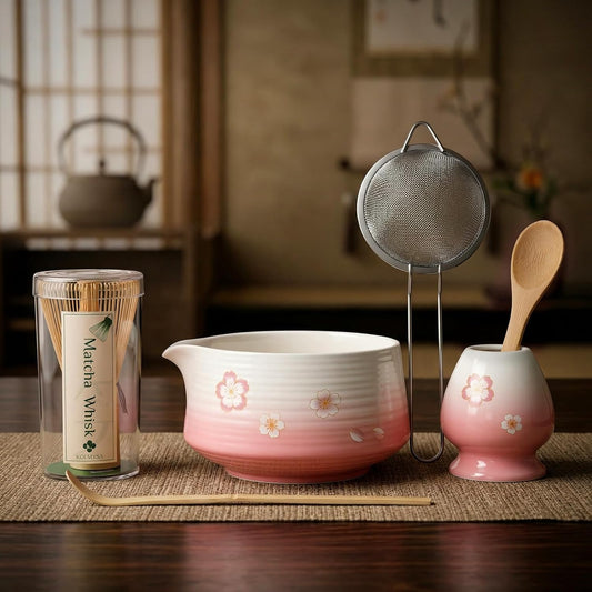 Matcha Whisk Set, 6 pcs Ceramic Matcha Set Kit Includes Bowl & Holder, Bamboo Whisk (Chasen), Sifter, Scoop & Spoon For Ceremony, Mother’s Day Gift for Women, Sakura