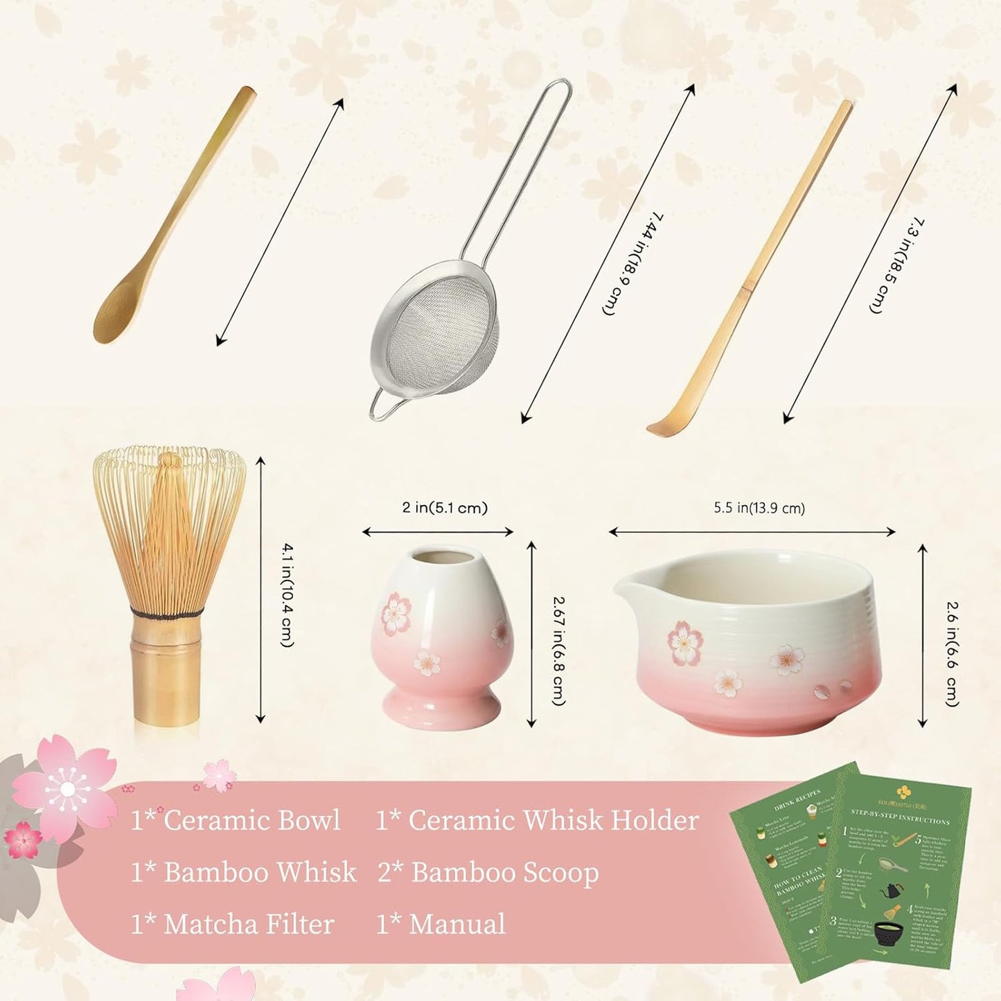 Matcha Whisk Set, 6 pcs Ceramic Matcha Set Kit Includes Bowl & Holder, Bamboo Whisk (Chasen), Sifter, Scoop & Spoon For Ceremony, Mother’s Day Gift for Women, Sakura