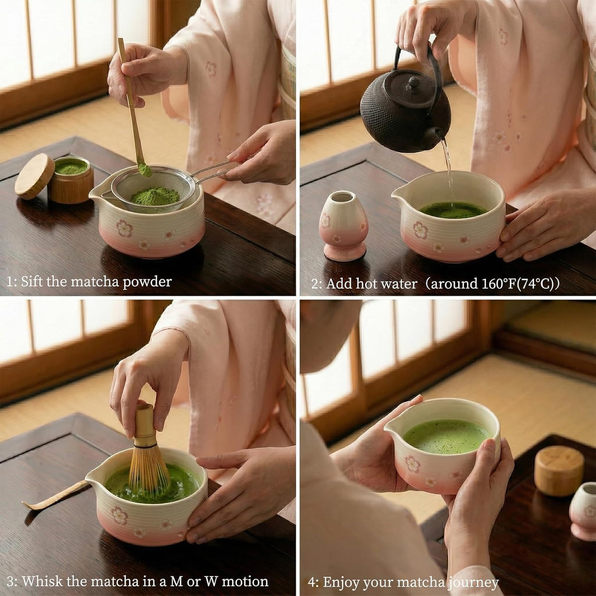 Matcha Whisk Set, 6 pcs Ceramic Matcha Set Kit Includes Bowl & Holder, Bamboo Whisk (Chasen), Sifter, Scoop & Spoon For Ceremony, Mother’s Day Gift for Women, Sakura