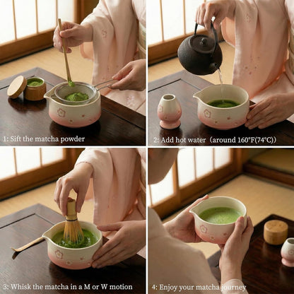 Matcha Whisk Set, 6 pcs Ceramic Matcha Set Kit Includes Bowl & Holder, Bamboo Whisk (Chasen), Sifter, Scoop & Spoon For Ceremony, Mother’s Day Gift for Women, Sakura