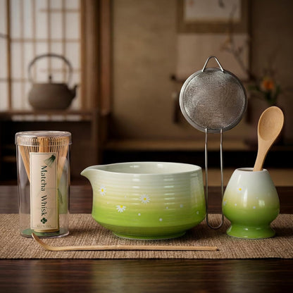 Matcha Whisk Set, 6 pcs Ceramic Matcha Set Kit Includes Bowl & Holder, Bamboo Whisk (Chasen), Sifter, Scoop & Spoon For Ceremony, Mother’s Day Gift for Women, Sakura