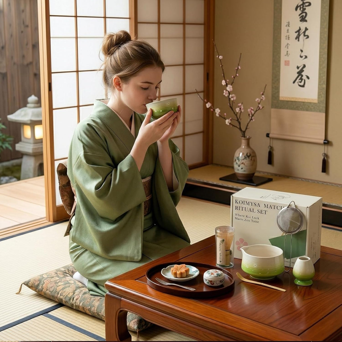 Matcha Whisk Set, 6 pcs Ceramic Matcha Set Kit Includes Bowl & Holder, Bamboo Whisk (Chasen), Sifter, Scoop & Spoon For Ceremony, Mother’s Day Gift for Women, Sakura