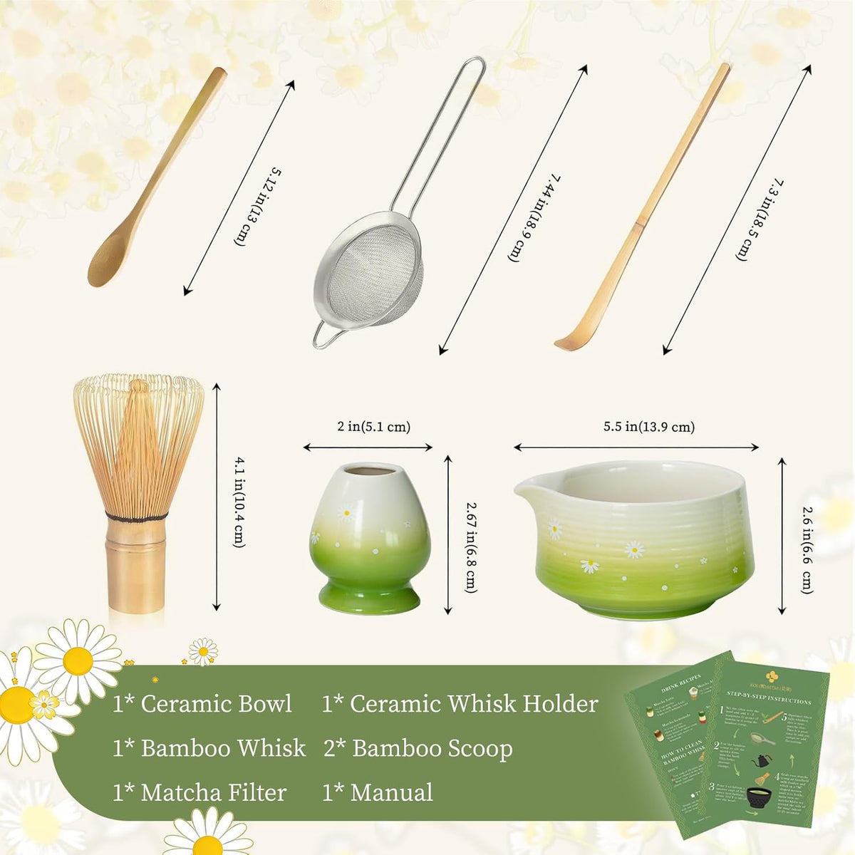 Matcha Whisk Set, 6 pcs Ceramic Matcha Set Kit Includes Bowl & Holder, Bamboo Whisk (Chasen), Sifter, Scoop & Spoon For Ceremony, Mother’s Day Gift for Women, Sakura