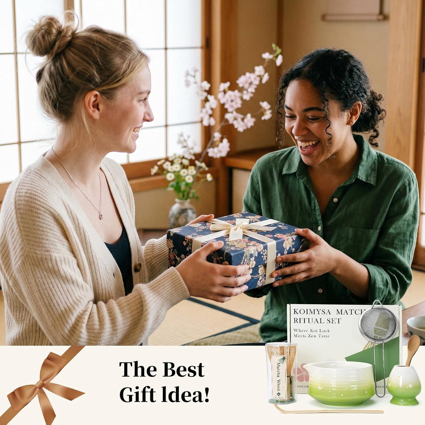 Matcha Whisk Set, 6 pcs Ceramic Matcha Set Kit Includes Bowl & Holder, Bamboo Whisk (Chasen), Sifter, Scoop & Spoon For Ceremony, Mother’s Day Gift for Women, Sakura