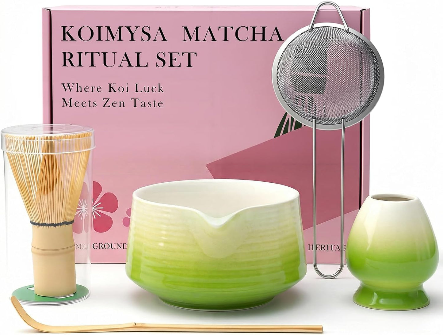 Matcha Whisk Set, 6 pcs Ceramic Matcha Set Kit Includes Bowl & Holder, Bamboo Whisk (Chasen), Sifter, Scoop & Spoon For Ceremony, Mother’s Day Gift for Women, Sakura