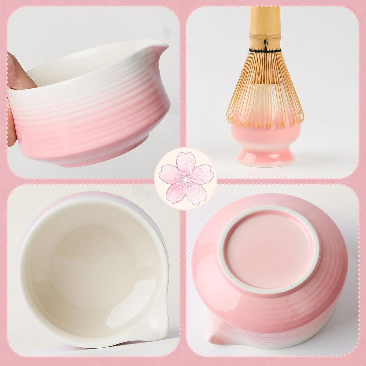 Matcha Whisk Set, 6 pcs Ceramic Matcha Set Kit Includes Bowl & Holder, Bamboo Whisk (Chasen), Sifter, Scoop & Spoon For Ceremony, Mother’s Day Gift for Women, Sakura