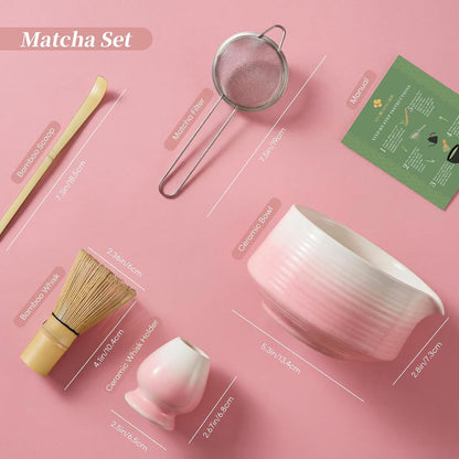 Matcha Whisk Set, 6 pcs Ceramic Matcha Set Kit Includes Bowl & Holder, Bamboo Whisk (Chasen), Sifter, Scoop & Spoon For Ceremony, Mother’s Day Gift for Women, Sakura