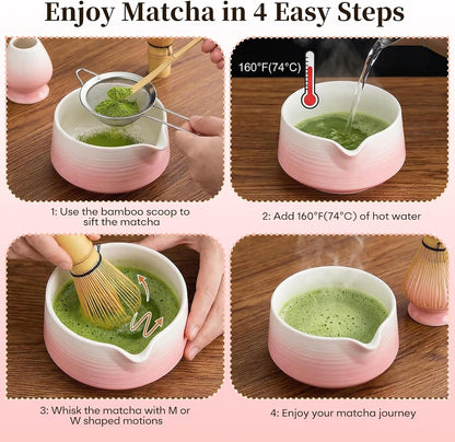 Matcha Whisk Set, 6 pcs Ceramic Matcha Set Kit Includes Bowl & Holder, Bamboo Whisk (Chasen), Sifter, Scoop & Spoon For Ceremony, Mother’s Day Gift for Women, Sakura