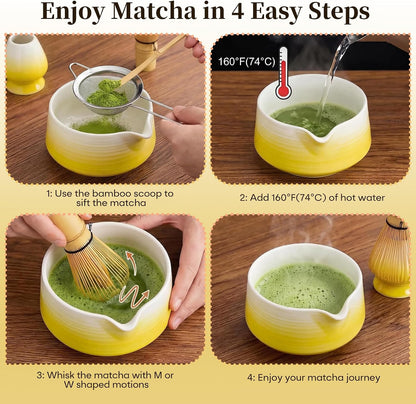Matcha Whisk Set, 6 pcs Ceramic Matcha Set Kit Includes Bowl & Holder, Bamboo Whisk (Chasen), Sifter, Scoop & Spoon For Ceremony, Mother’s Day Gift for Women, Sakura