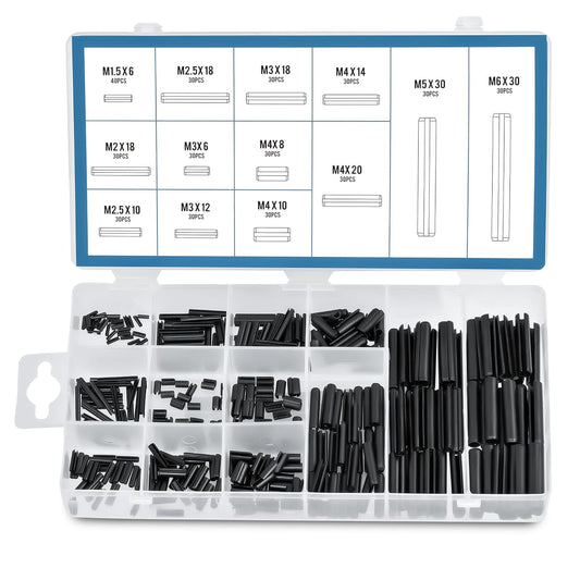 400pc Roll Pin Set, M1.5 M2 M2.5 M3 M4 M5 M6 Slotted Metric Spring Pins in Various Lengths, Steel Split Expansion Pin Hardware Assortment Kit