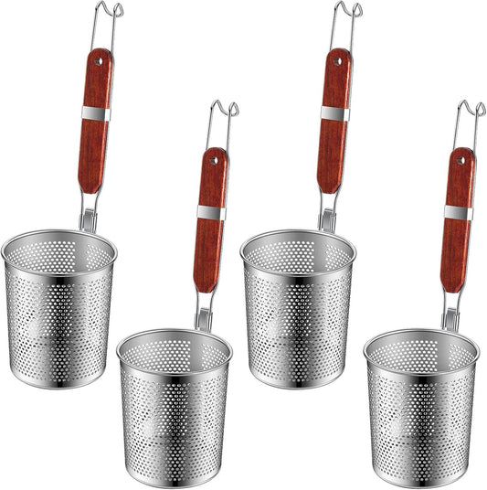 4 Pcs Pasta Strainer, 4.7" x 5.2'' Stainless Steel Pasta Basket Mesh Cooker with Wood Handle, Spider Strainer Kitchen Skimmer for Food Dumpling Noodle Blanching(Dark Color)