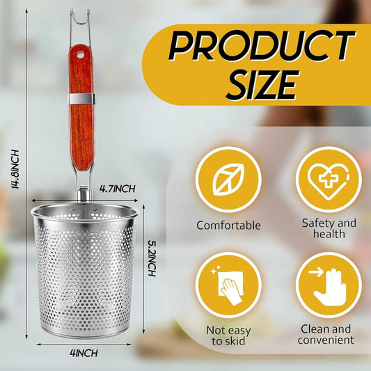 4 Pcs Pasta Strainer, 4.7" x 5.2'' Stainless Steel Pasta Basket Mesh Cooker with Wood Handle, Spider Strainer Kitchen Skimmer for Food Dumpling Noodle Blanching(Dark Color)