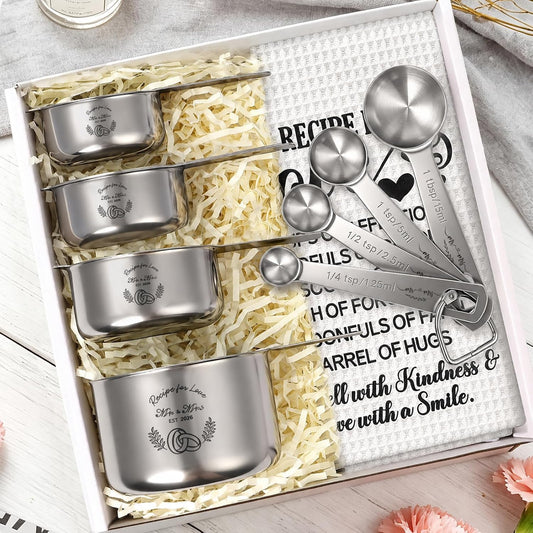 Wedding Gifts for Couples 2026, Bridal Shower Gifts for Bride to Be, Engagement Gift for Newlyweds, Bride Gift, Mr and Mrs Measuring Cups and Spoons Set with Dish Towel