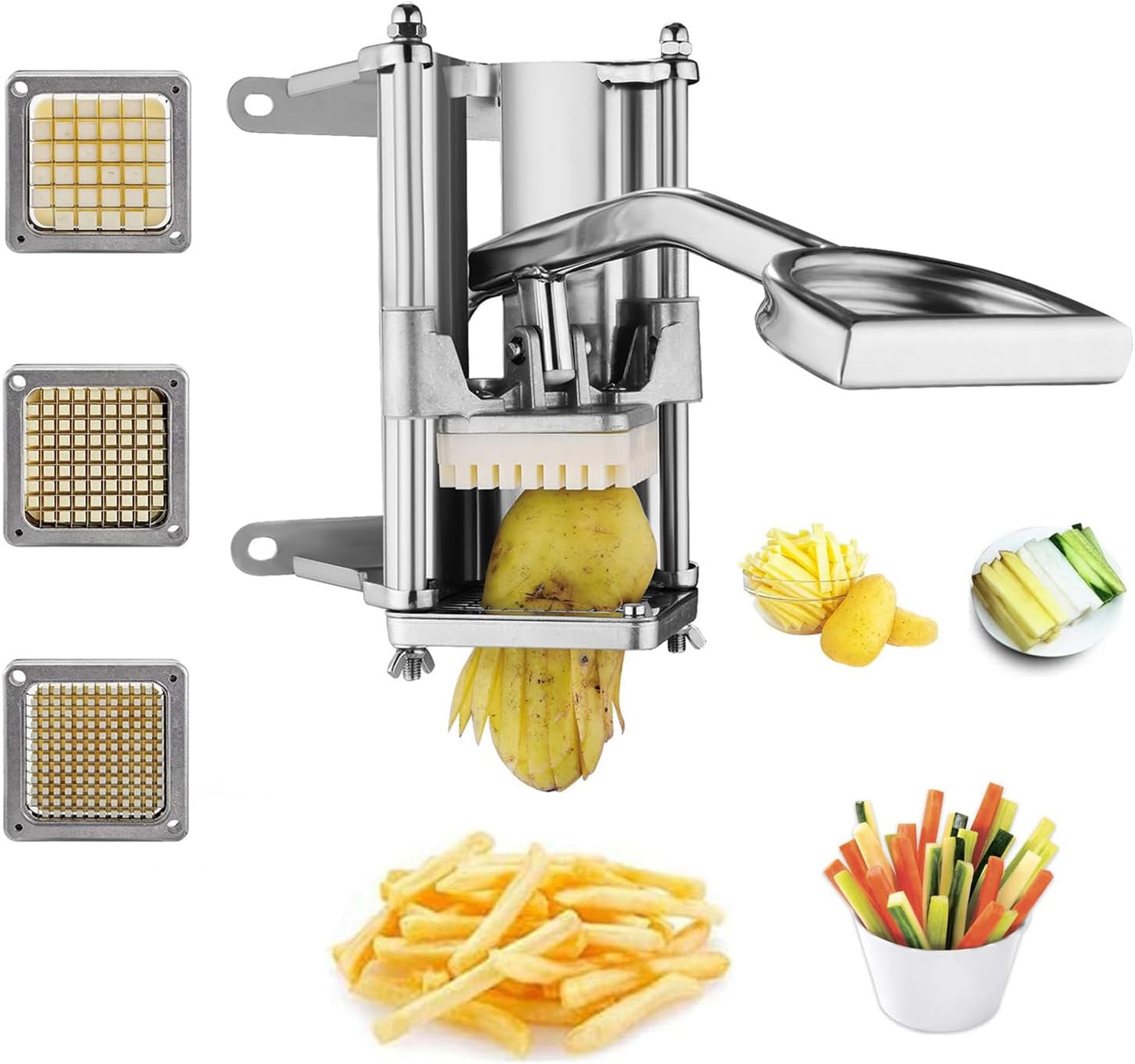 French Fry Cutter, Commercial Vegetable Fruit Chopper | Wall Mounted, 1/2'', 3/8'', 1/4'' Blades, Stainless Steel, Improve Efficiency, for Cucumber, Carrot, Potato