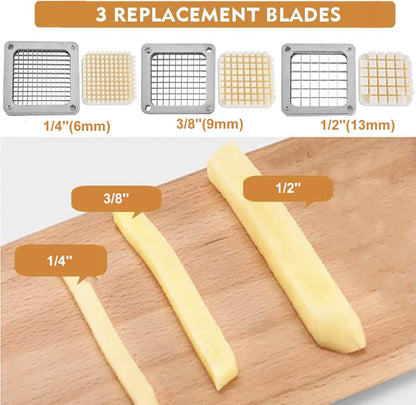 French Fry Cutter, Commercial Vegetable Fruit Chopper | Wall Mounted, 1/2'', 3/8'', 1/4'' Blades, Stainless Steel, Improve Efficiency, for Cucumber, Carrot, Potato