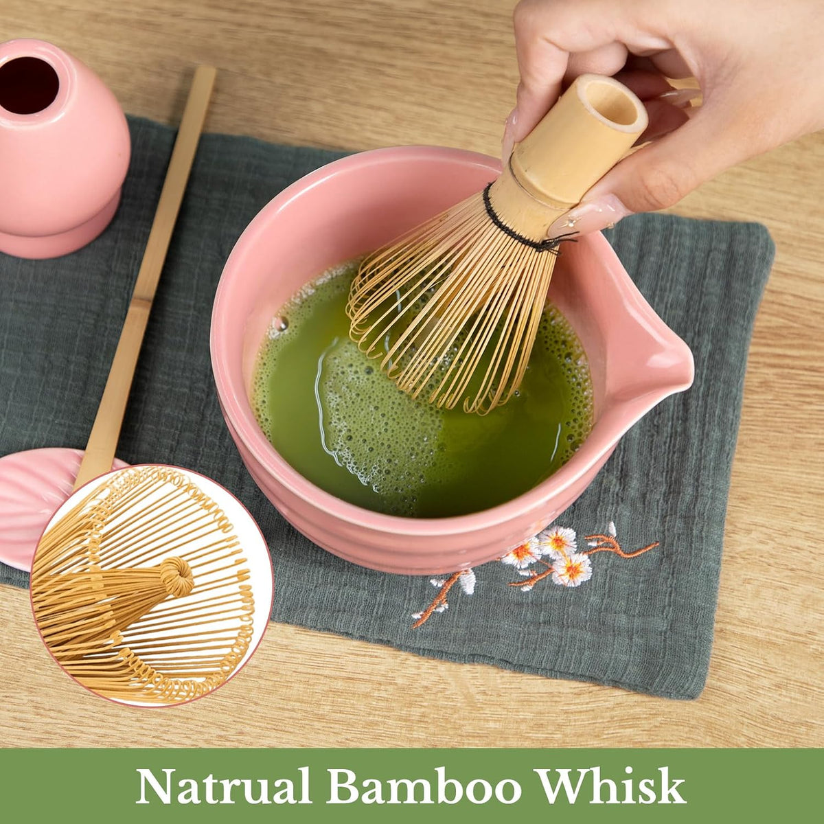 Matcha Whisk Set, Traditional Matcha Kit Includes Matcha Bowl, Pink Whisk with Holder, Scoop, Scoop Rest, Sifter, and Tea Cloth – 7 Piece Matcha Whisk Set, Gift Set for Tea Enthusiasts