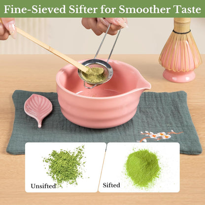Matcha Whisk Set, Traditional Matcha Kit Includes Matcha Bowl, Pink Whisk with Holder, Scoop, Scoop Rest, Sifter, and Tea Cloth – 7 Piece Matcha Whisk Set, Gift Set for Tea Enthusiasts