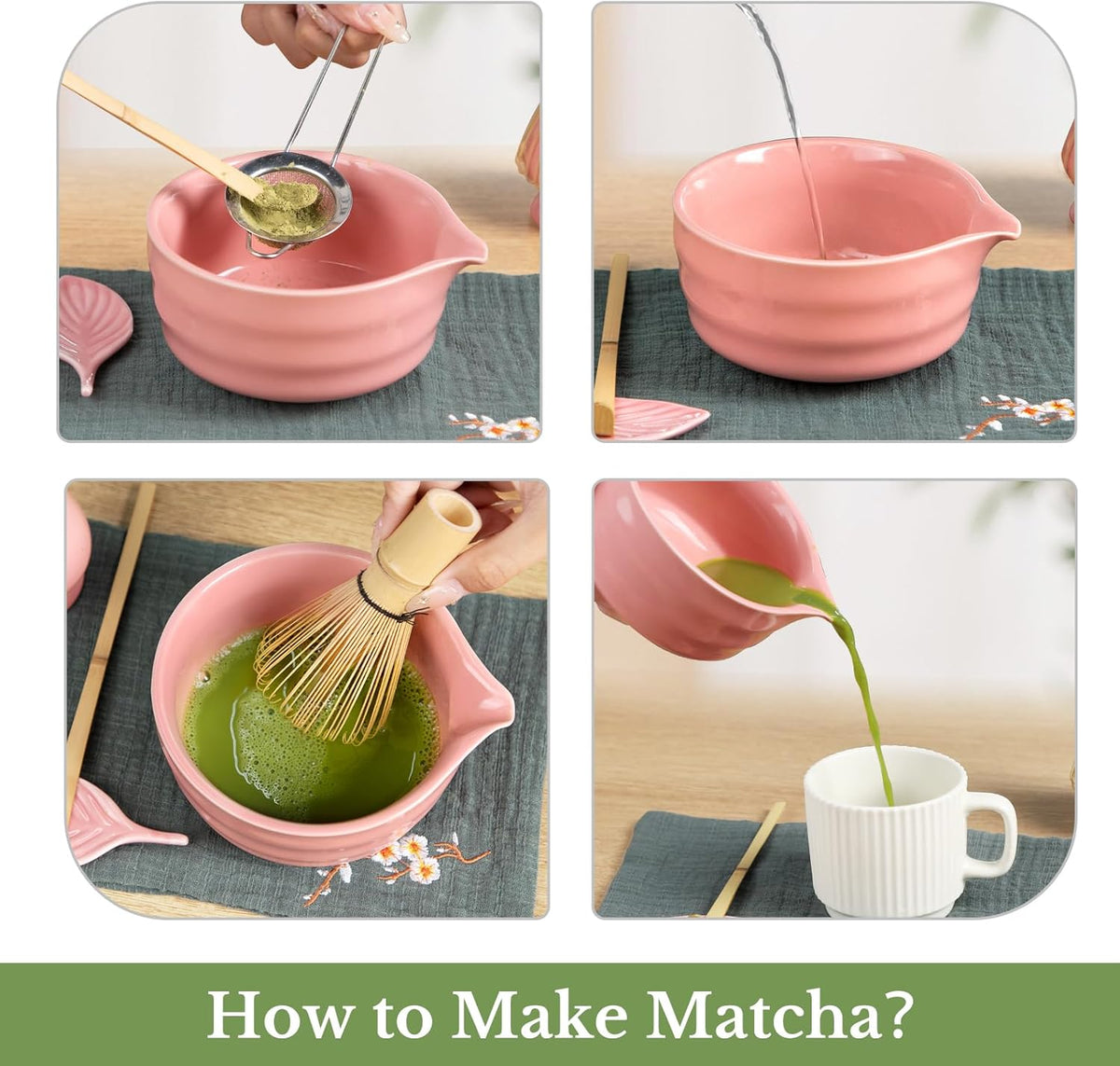 Matcha Whisk Set, Traditional Matcha Kit Includes Matcha Bowl, Pink Whisk with Holder, Scoop, Scoop Rest, Sifter, and Tea Cloth – 7 Piece Matcha Whisk Set, Gift Set for Tea Enthusiasts