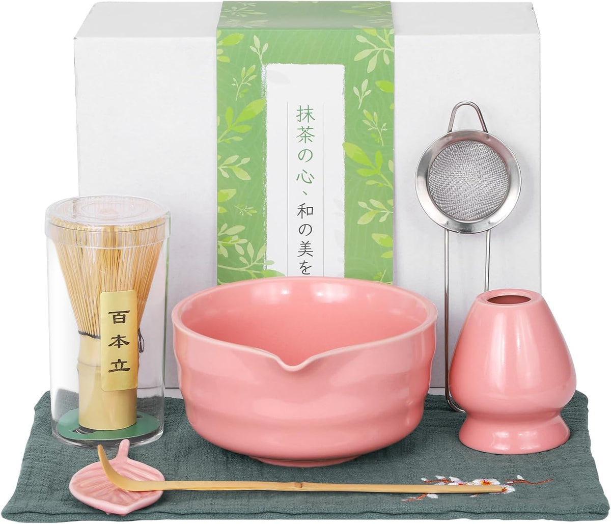 Matcha Whisk Set, Traditional Matcha Kit Includes Matcha Bowl, Pink Whisk with Holder, Scoop, Scoop Rest, Sifter, and Tea Cloth – 7 Piece Matcha Whisk Set, Gift Set for Tea Enthusiasts