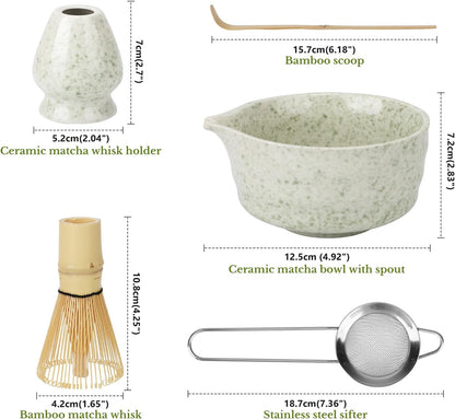 Matcha Whisk Set, Traditional Matcha Kit Includes Matcha Bowl, Pink Whisk with Holder, Scoop, Scoop Rest, Sifter, and Tea Cloth – 7 Piece Matcha Whisk Set, Gift Set for Tea Enthusiasts