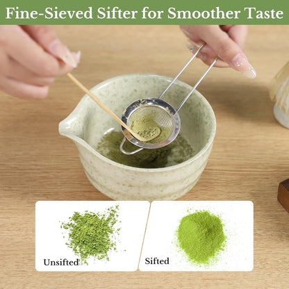 Matcha Whisk Set, Traditional Matcha Kit Includes Matcha Bowl, Pink Whisk with Holder, Scoop, Scoop Rest, Sifter, and Tea Cloth – 7 Piece Matcha Whisk Set, Gift Set for Tea Enthusiasts