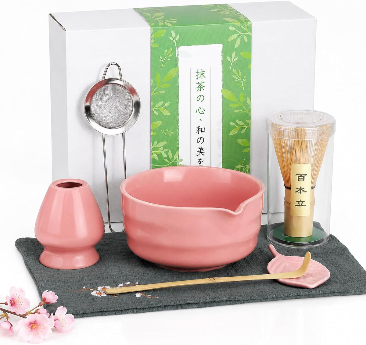 Matcha Whisk Set, Traditional Matcha Kit Includes Matcha Bowl, Pink Whisk with Holder, Scoop, Scoop Rest, Sifter, and Tea Cloth – 7 Piece Matcha Whisk Set, Gift Set for Tea Enthusiasts