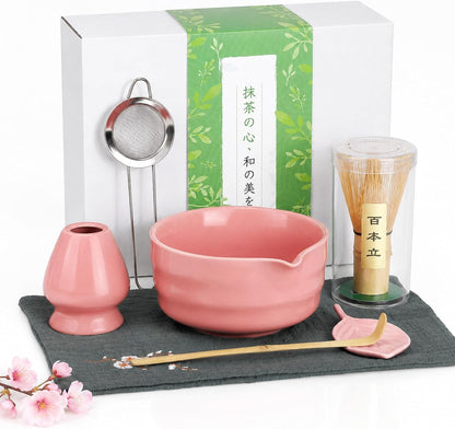 Matcha Whisk Set, Traditional Matcha Kit Includes Matcha Bowl, Pink Whisk with Holder, Scoop, Scoop Rest, Sifter, and Tea Cloth – 7 Piece Matcha Whisk Set, Gift Set for Tea Enthusiasts