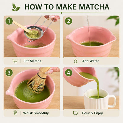 Matcha Whisk Set, Traditional Matcha Kit Includes Matcha Bowl, Pink Whisk with Holder, Scoop, Scoop Rest, Sifter, and Tea Cloth – 7 Piece Matcha Whisk Set, Gift Set for Tea Enthusiasts