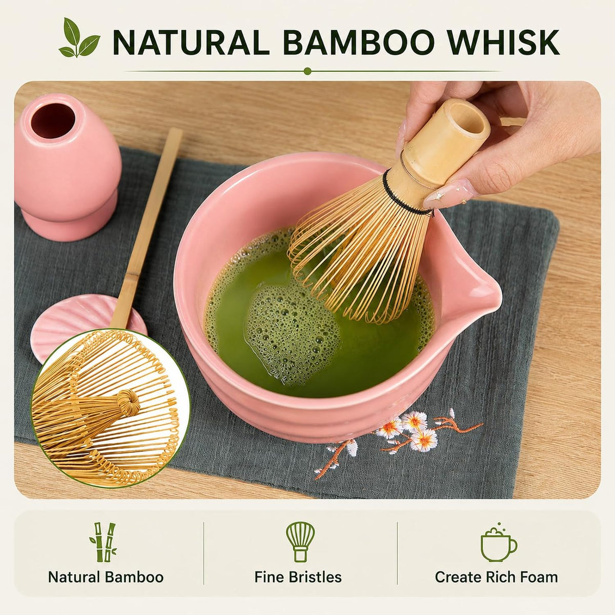 Matcha Whisk Set, Traditional Matcha Kit Includes Matcha Bowl, Pink Whisk with Holder, Scoop, Scoop Rest, Sifter, and Tea Cloth – 7 Piece Matcha Whisk Set, Gift Set for Tea Enthusiasts