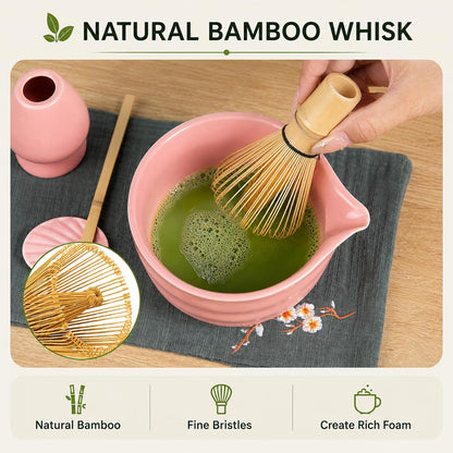 Matcha Whisk Set, Traditional Matcha Kit Includes Matcha Bowl, Pink Whisk with Holder, Scoop, Scoop Rest, Sifter, and Tea Cloth – 7 Piece Matcha Whisk Set, Gift Set for Tea Enthusiasts