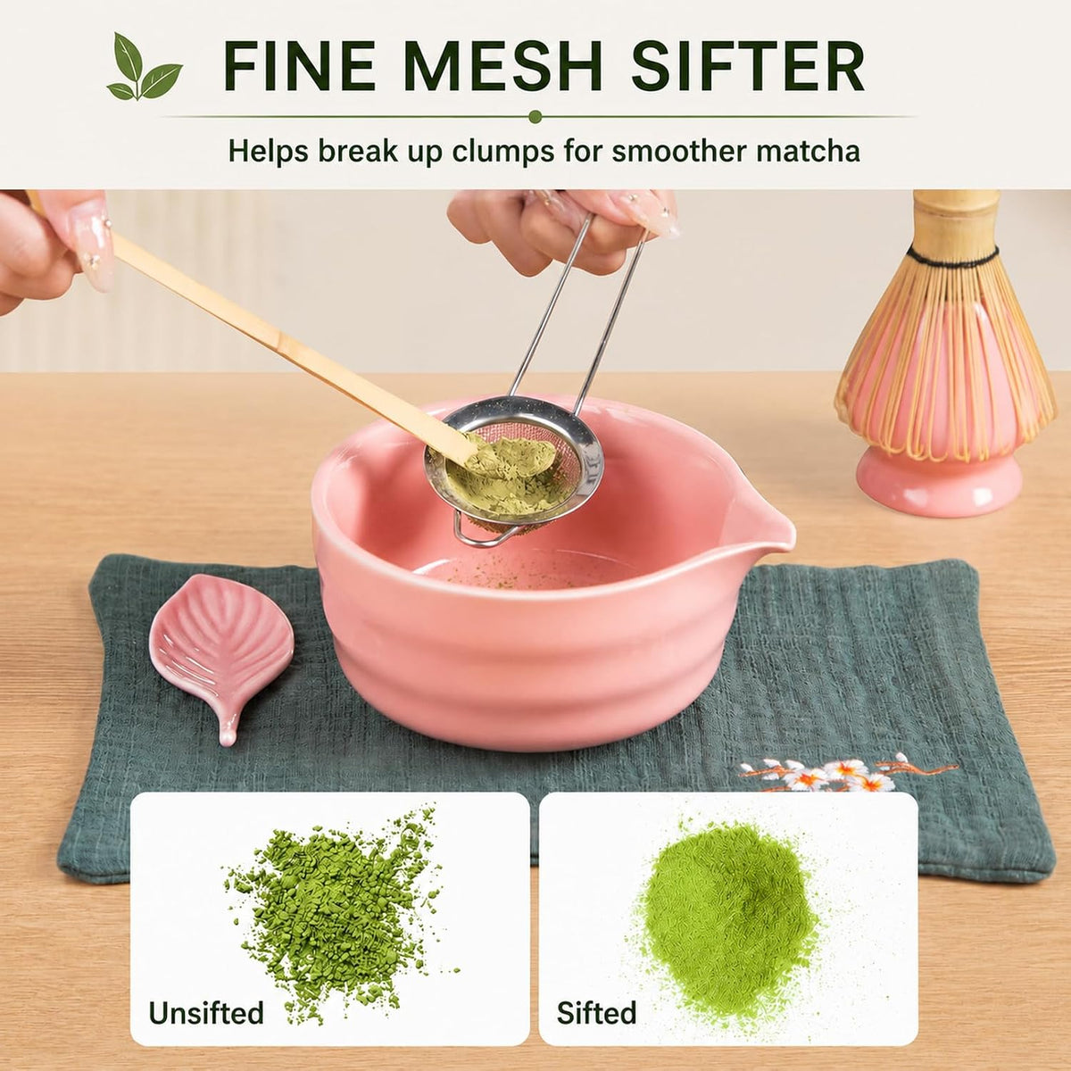 Matcha Whisk Set, Traditional Matcha Kit Includes Matcha Bowl, Pink Whisk with Holder, Scoop, Scoop Rest, Sifter, and Tea Cloth – 7 Piece Matcha Whisk Set, Gift Set for Tea Enthusiasts