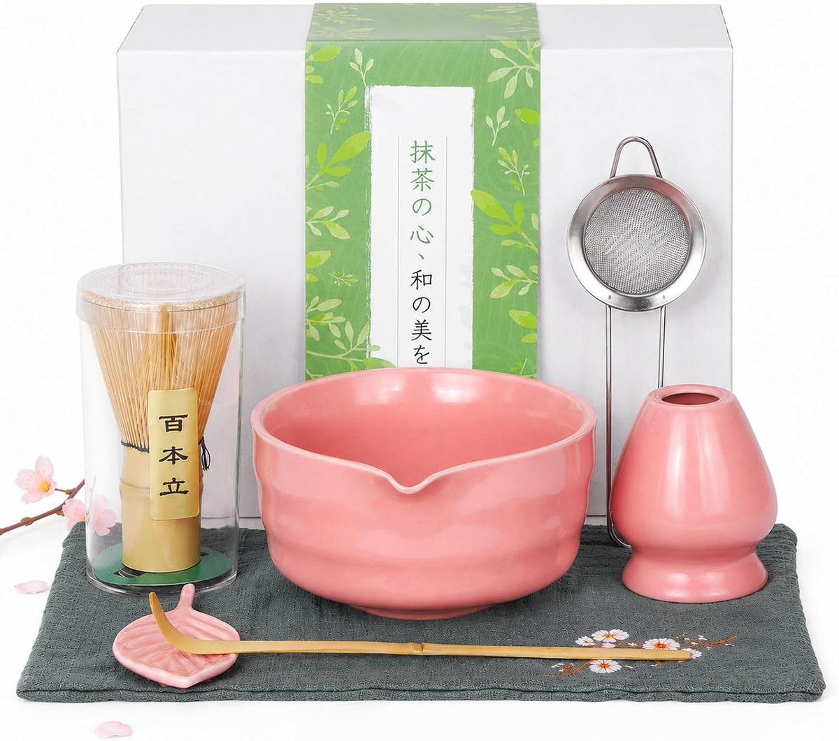 Matcha Whisk Set, Traditional Matcha Kit Includes Matcha Bowl, Pink Whisk with Holder, Scoop, Scoop Rest, Sifter, and Tea Cloth – 7 Piece Matcha Whisk Set, Gift Set for Tea Enthusiasts