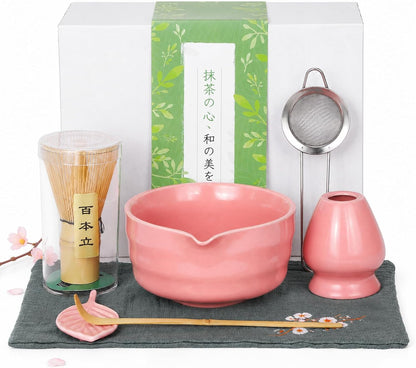 Matcha Whisk Set, Traditional Matcha Kit Includes Matcha Bowl, Pink Whisk with Holder, Scoop, Scoop Rest, Sifter, and Tea Cloth – 7 Piece Matcha Whisk Set, Gift Set for Tea Enthusiasts