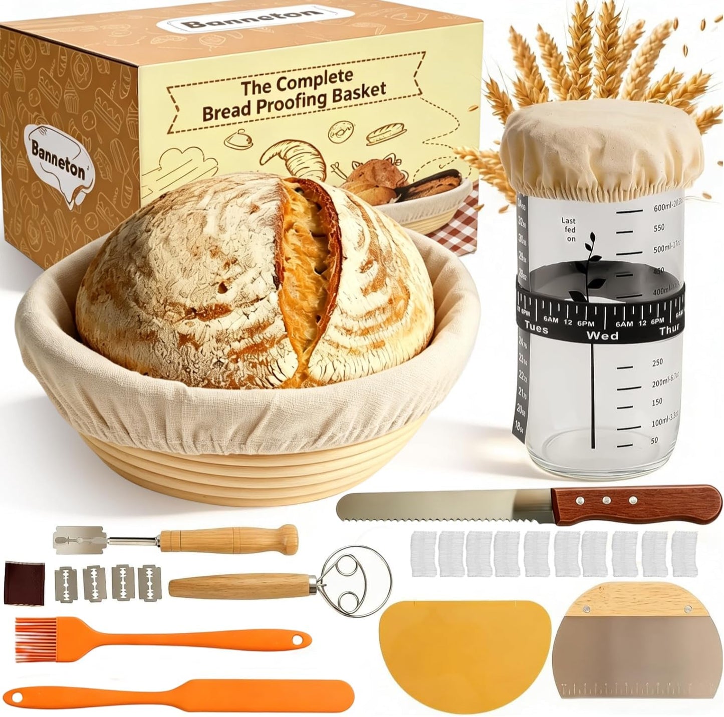 Sourdough Bread Baking Supplies Kit, Banneton Bread Proofing Basket, Complete Sourdough Tools Ideal Gifts for Bakers Women Mom Wife